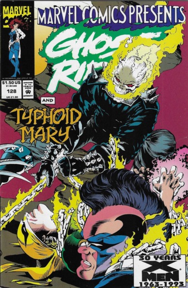 a cover of a comic book, at the top it reads 'marvel comics presents ... ghost rider'; 'ghost rider' letters are in green flames, iron fist is wrapped in his flaming chain, another mad max style character with a mohawk is also bound with it, ghost rider holds the chain, flames pouring from his head, his skull head's mouth open 
