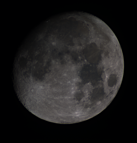 A nearly full Moon with enhanced colors to show the blue and brown regions.