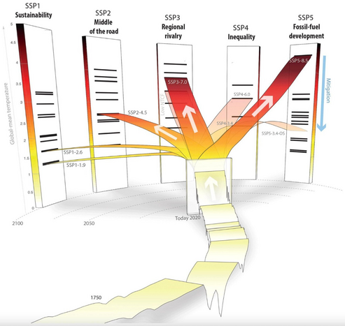 Line chart as ribbon which diverges into five different scenarios/projections based on future fossil use.