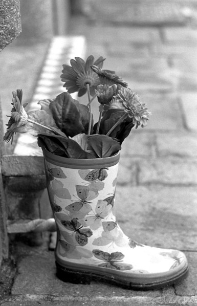 Des fleurs dans une botte a papillons, noir et blanc.