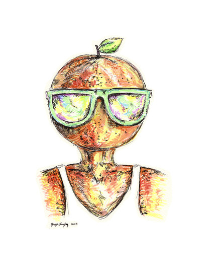 This is an illustration of a person with an orange for a head. They are wearing green-framed sunglasses, and have no facial features. They are wearing a while tank top or sleeveless shirt. The orange has a small stem and leaf at the top.