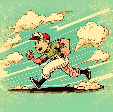 Retro cartoon of a baseball player sprinting with gusto