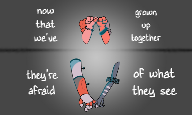 Image ID: A digital drawing featuring characters from FNAF. The top panel shows Elizabeth Afton and Charlie Emily holding pinkies. Charlie's bracelet gives off a soft blue glow. The bottom panel shows Circus Baby and the Puppet holding pinkies. Baby's eyes give off the same blue glow. In both panels you can only see their arms. Top panel text reads: "now that we've grown up together". Bottom panel text reads: "they're afraid of what they see". End ID.