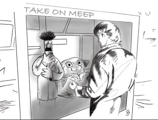 A spoof of A-ha’s Take On Me video “Take On Meep” a cartoon Morton Harket is looking through a comic panel at Beaker from The Muppets and The Meep from Doctor Who.