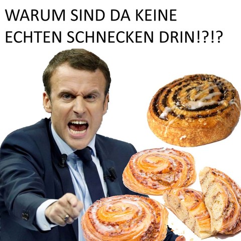 Ein Mann zeigt auf Nuss- und Mohnschnecken und schreit: "Warum sind da keine echten Schnecken drin?"