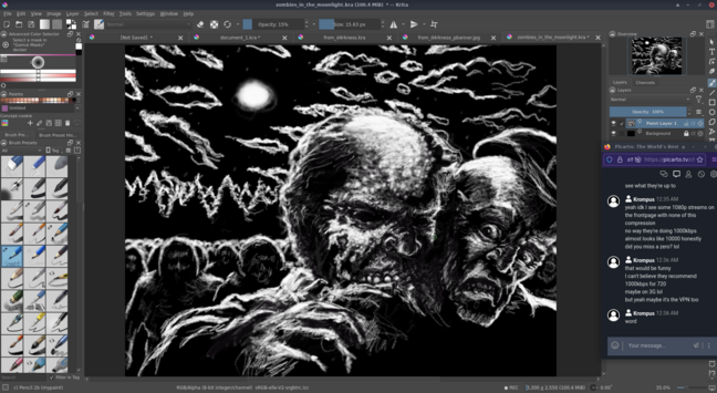 a visual of a krita workspace working on an art piece that depicts a zombie biting into a cop, followed by a horde, in the moonlight