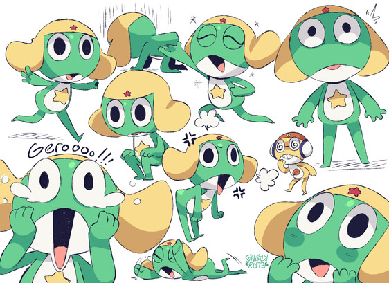 A collection of fanart drawings of Keroro from the series Keroro Gunsou / SGT Frog, a green space frog wearing a yellow hat with large flaps. He is drawn several times in different poses and exaggerated cartoonish emotions. 