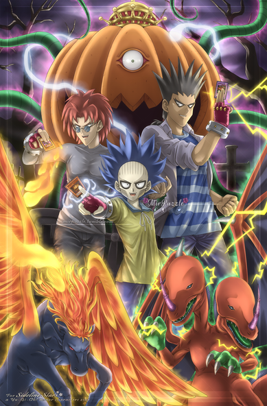Fanart depicting Ghost Kotsuzuka (Bonz), Kiyoshi Takaido (Sid) and Satake (Zygor) from Yu-Gi-Oh! Duel Monsters, with their signature cards, Pumpking the King of Ghosts, Call of the Haunted, Firewing Pegasus and Twin-Headed Thunder Dragon.