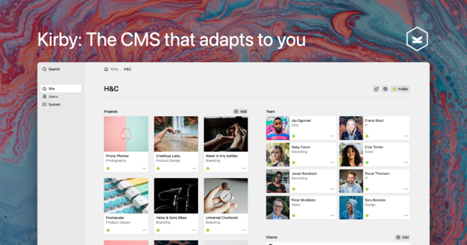 A screenshot of Kirby's new Panel with our slogan: "Kirby: The CMS that adapts to you"