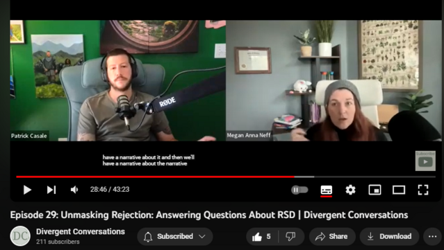 Episode 29: Unmasking Rejection: Answering Questions About RSD | Divergent Conversations
https://www.youtube.com/watch?v=kN6_aqWr2TI