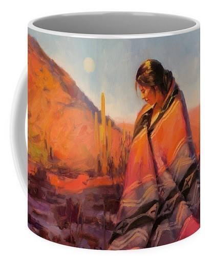 Coffee mug with an image of an indigenous woman wrapped in a blanket, standing in the desert at twilight.