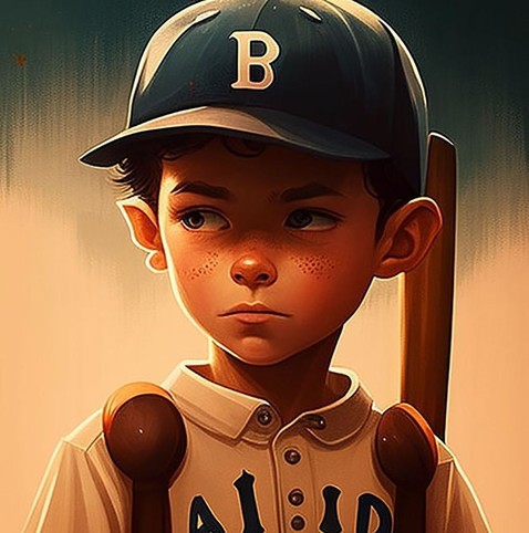 Young baseball player with a serious expression and bat.