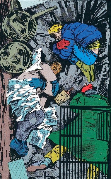 A panel from Daredevil Vol.ume 1 #229 (1986), part of the 'Born Again' saga: Overhead, vertical view of the back of an alley in which two homeless people lie (asleep or unconscious) next to Matt Murdock, who is in the fetal position, among garbage cans and debris.