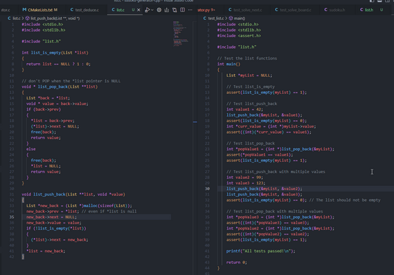Screenshot of VS Code with my list implementation and tests for it