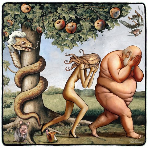 Cartoon van Ruben L. Oppenheimer.
Voorstelling: de zondeval.
Een boom volle rotte appels 
Wilders in de boom als slang.
Yesilgöz druipt af in Evakostuum, op hoge hakken.
Timmermans ook bloot, met dikke buik.
Aan de voet van de boom een grijze muis: Omtzigt.
Uit de lucht komt een engel: Gom van Strien.
