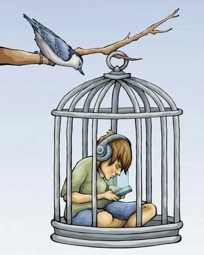 Un enfant assis dans une cage avec ses Ã©couteurs et son smartphone. Sur la branche, lâ€™oiseau, libre, le regarde sans comprendre