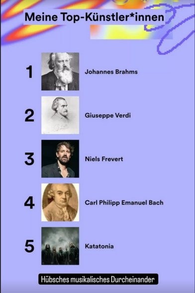 Meine Top-Künstler: 1. Johannes Brahms, 2. Giuseppe Verdi, 3. Niels Frevert, 4. C.P.E. Bach, 5. Katatonia