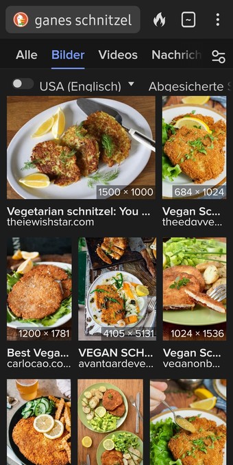 DuckDuckGo-Siche nach "veganen Schnitzel" hat viele Treffer mit paniertem Schnitzel