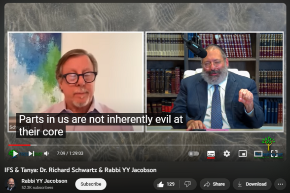 IFS & Tanya: Dr. Richard Schwartz & Rabbi YY Jacobson
https://www.youtube.com/watch?v=bUYcp7er3JQ

3,727 views  23 Nov 2023
What is the 'Yetzer Hara?' How Do We Deal with Our Inner Critic? Is Inner Guilt and Shame Helpful?

A conversation between Rabbi YY Jacobson & Dr. Richard Schwartz.
This webinar took place on Tuesday 8 Kislev, 5784, November 21, 2023 & was facilitated through Yochanan Polter & Tova Korn of "FreshStart" 

https://jewishfreshstart.com/home 
Fresh Start Retreat
Our flagship program, Fresh Start Retreat, is a 7-day intensive retreat helping participants understand their past to create a brighter future.

To sponsor or dedicate an upcoming class click here: https://www.theyeshiva.net/donate

To watch more classes & to read Rabbi YY's articles visit: https://www.theyeshiva.net