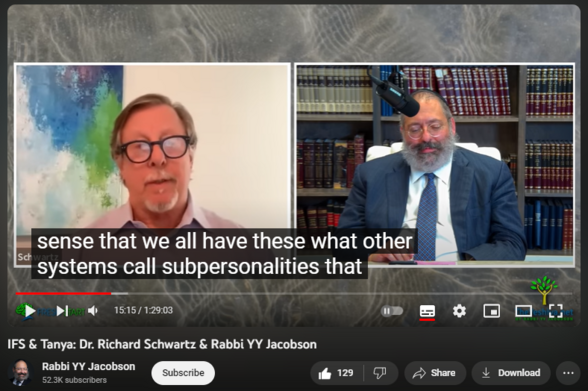 IFS & Tanya: Dr. Richard Schwartz & Rabbi YY Jacobson
https://www.youtube.com/watch?v=bUYcp7er3JQ

3,727 views  23 Nov 2023
What is the 'Yetzer Hara?' How Do We Deal with Our Inner Critic? Is Inner Guilt and Shame Helpful?

A conversation between Rabbi YY Jacobson & Dr. Richard Schwartz.
This webinar took place on Tuesday 8 Kislev, 5784, November 21, 2023 & was facilitated through Yochanan Polter & Tova Korn of "FreshStart" 

https://jewishfreshstart.com/home 
Fresh Start Retreat
Our flagship program, Fresh Start Retreat, is a 7-day intensive retreat helping participants understand their past to create a brighter future.