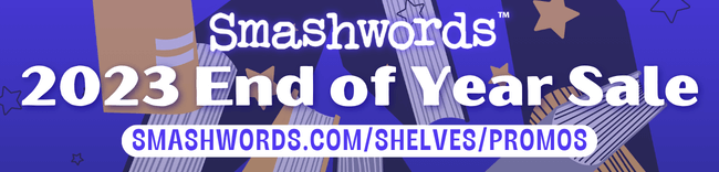 A sales banner for the Smashwords 2023 End of Year Sale, in blue, white and brown.