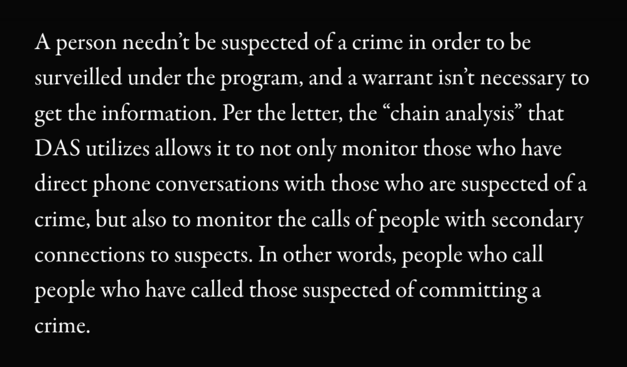 A person needn’t be suspected of a crime in order to be surveilled under the program, and a warrant isn’t necessary to get the information. Per the letter, the “chain analysis” that DAS utilizes allows it to not only monitor those who have direct phone conversations with those who are suspected of a crime, but also to monitor the calls of people with secondary connections to suspects. In other words, people who call people who have called those suspected of committing a crime.
