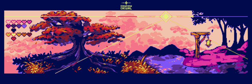 Pixel art of a landscape with a tree, a river and a small silhouette of a forest with the details of a cloud and a sun. Made for an art collab from lospec server "November palette contest"