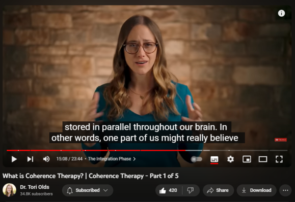 https://www.youtube.com/watch?v=IsSfYzRq86I
What is Coherence Therapy? | Coherence Therapy - Part 1 of 5

6,413 views  Premiered on 24 Oct 2023
Let's talk about Coherence Therapy.
Join us on PATREON: patreon.com/toriolds

In this first video in my Coherence Therapy, Explained series, I give an in-depth overview of Coherence Therapy and how it works. This video will not only introduce you to the basic concepts and techniques of this approach, but will bring to life what is uniquely powerful about Coherence Therapy and how it stands out from other models. 
   Coherence therapy is a cutting-edge approach to deep change that draws on the science of Memory Reconsolidation to update our unconscious beliefs (or schemas). Through changing our deeply imprinted beliefs or schemas, we are able to achieve what is called transformational change. Transformational change is a term to describe the kind of profound change where our symptoms disappear permanently and we are suddenly free to feel and show-up differently, with no further efforts of maintenance required.

00:00 Intro
02:00 What is Coherence Therapy?
06:22 Examples of Coherence Therapy Techniques
08:33 The Discovery Phase
11:19 The Integration Phase
16:37 CBT vs Coherence Therapy
19:54 Memory Reconsolidation and Coherence Therapy
22:11 Summary and Outro