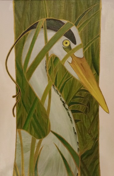 An acrylic painting of a heron in profile peering out from green and gold reeds.