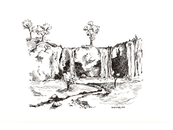 This is an ink drawing of an imaginary waterfall. There is a pond at the base with a small stream leading away. There are actually 3 separate falls into the pond. There are several trees at the top, one on an outcropping, and one on each side of the stream.