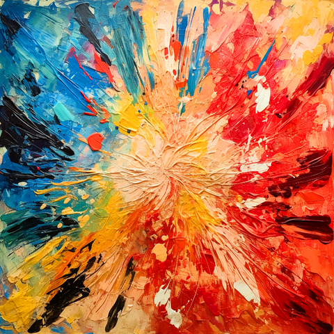 vibrant explosion of colors emanating from a central point, with thick, textured strokes in red, blue, yellow, and black.