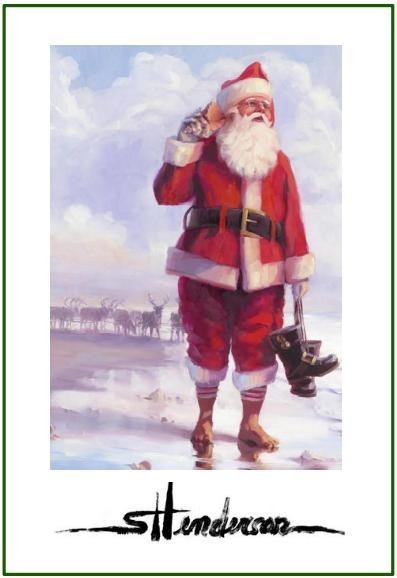 Art print of an original oil painting by Steve Henderson depicting Santa standing on the beach with the reindeer behind him.