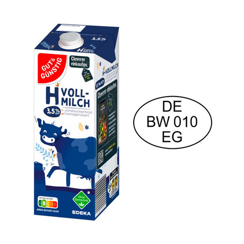 Produktabbildung: GUT&GÜNSTIG 'H-Vollmilch 3,5% Fett, 1 l' (Bildquelle: EDEKA)