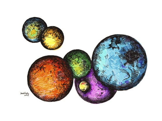 This is an ink and marker drawing of orbs or spheres. The background is bare paper. They are a variety of sizes and colors.