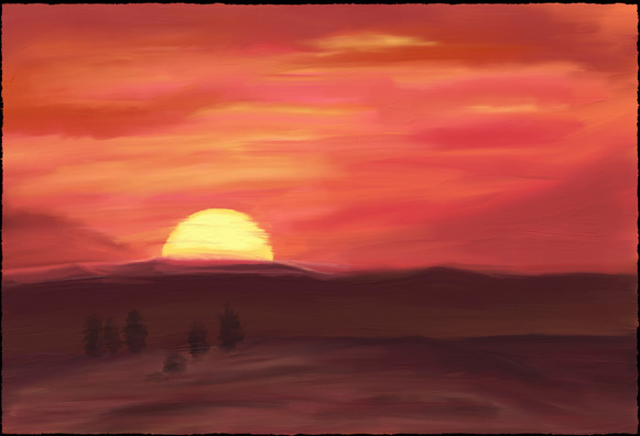 Digital impressonist painting of a sunset with a lot of reds and oranges. The foreground in from of the setting sun is done in shades of brown and pinks with impressions of six pine trees.