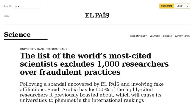 Clarivate's "Highly Cited Researchers" list gets a shave. Headines El País 
2023 Nov.25