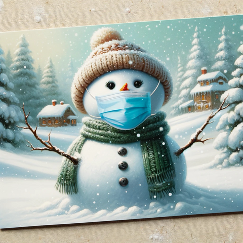 Postcard of a snowman wearing a medical mask