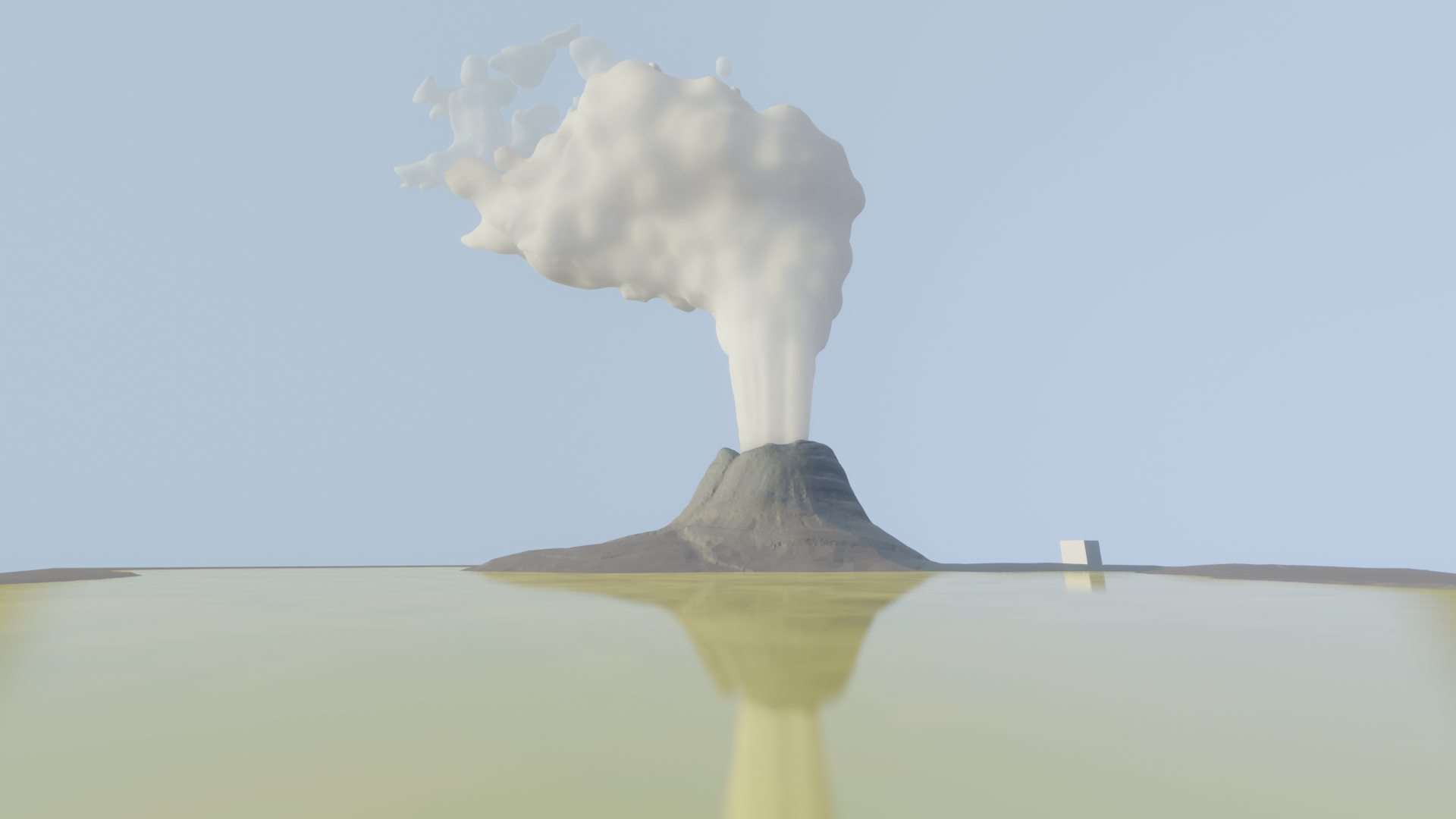 A simple scene of a geyser erupting, seen from low to a pool of water. The steam get transitions to a billowy cloud