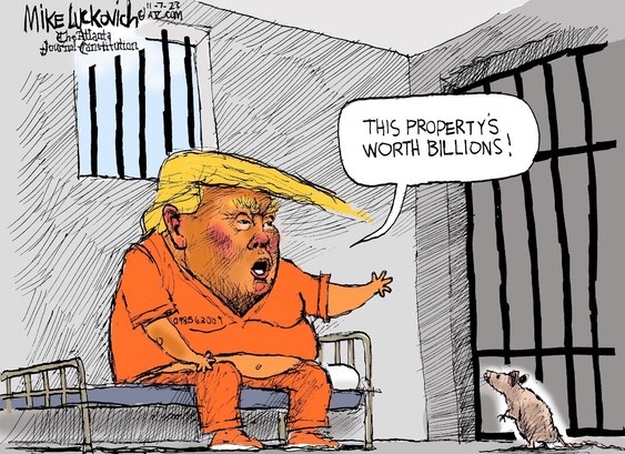 Dessin de Trump en prison, disant à un rat près de lui « Cette propriété vaut des milliards »