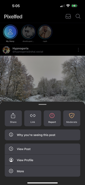 Pixelfed app with menu open