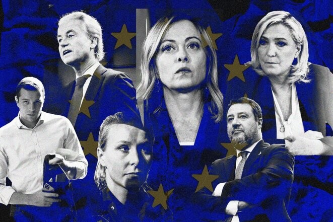 Jordan Bardella, Geert Wilders, Marion Maréchal, Giorgia Meloni, Matteo Salvini, Marine Le Pen. © Photo illustration Sébastien Calvet / Mediapart avec AFP