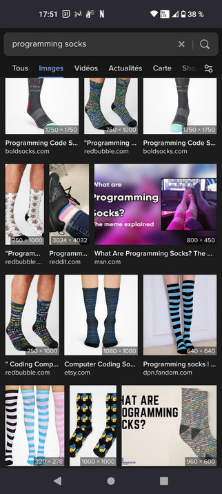 Image search result page with an alternance of normal length socks with lines of code or python logos and knee high socks with blue or pink stripes