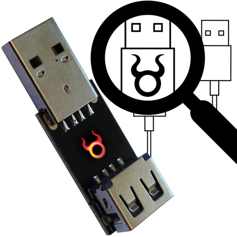 Close-up of a USB security device designed to detect malicious cables. The USB connector is metallic and has a standard USB-A interface. Overlaid is a magnifying glass graphic focusing on a stylized USB icon with a threatening symbol inside, indicating danger. Below the USB connector is a small icon resembling a flame, symbolizing the detection of a hazardous cable.