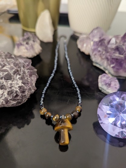 Tiger's eye brown mushroom pendant handmade necklace with glass blue beads