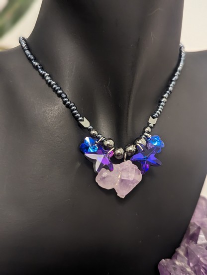 Amethyst raw pendant, purple blue glass starfish and flower pendants handmade necklace