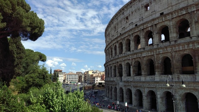 A picture of the colosseum in Rome with a bright blue sky above, and greenery covering the right side of the picture