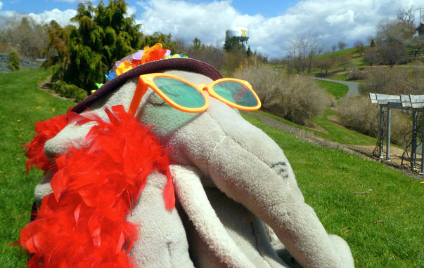 A large gray plushy elephant wearing a purple hat with flowers, a red feather boa, and large orange sunglasses sits in a park with trees and shrubs behind her. A tall silver water tower with a big yellow and black capital "I" is in the far background backed by clouds and a blue sky.