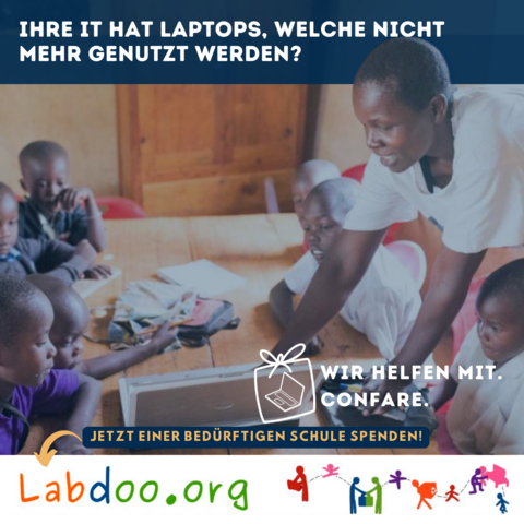 Eine Grafik von confare auf Basis einen Projektfotos von Labdoo. Ein Lehrer beugt sich über Kinder. Auf dem Tisch ein Laptop von Labdoo. Er erklärt den Kindern etwas auf dem Laptop.