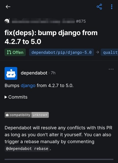 Screenshot from a GitHub Dependabot PR to bump Django from 4.2.7 to 5.0