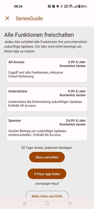 SeriesGuide: Premium tab, showing you how much everything costs. All Access is 4,99 €/year, Supporter is 9,99 €/year, Sponsor is 24,99 €/year. More buttons for info underneath.